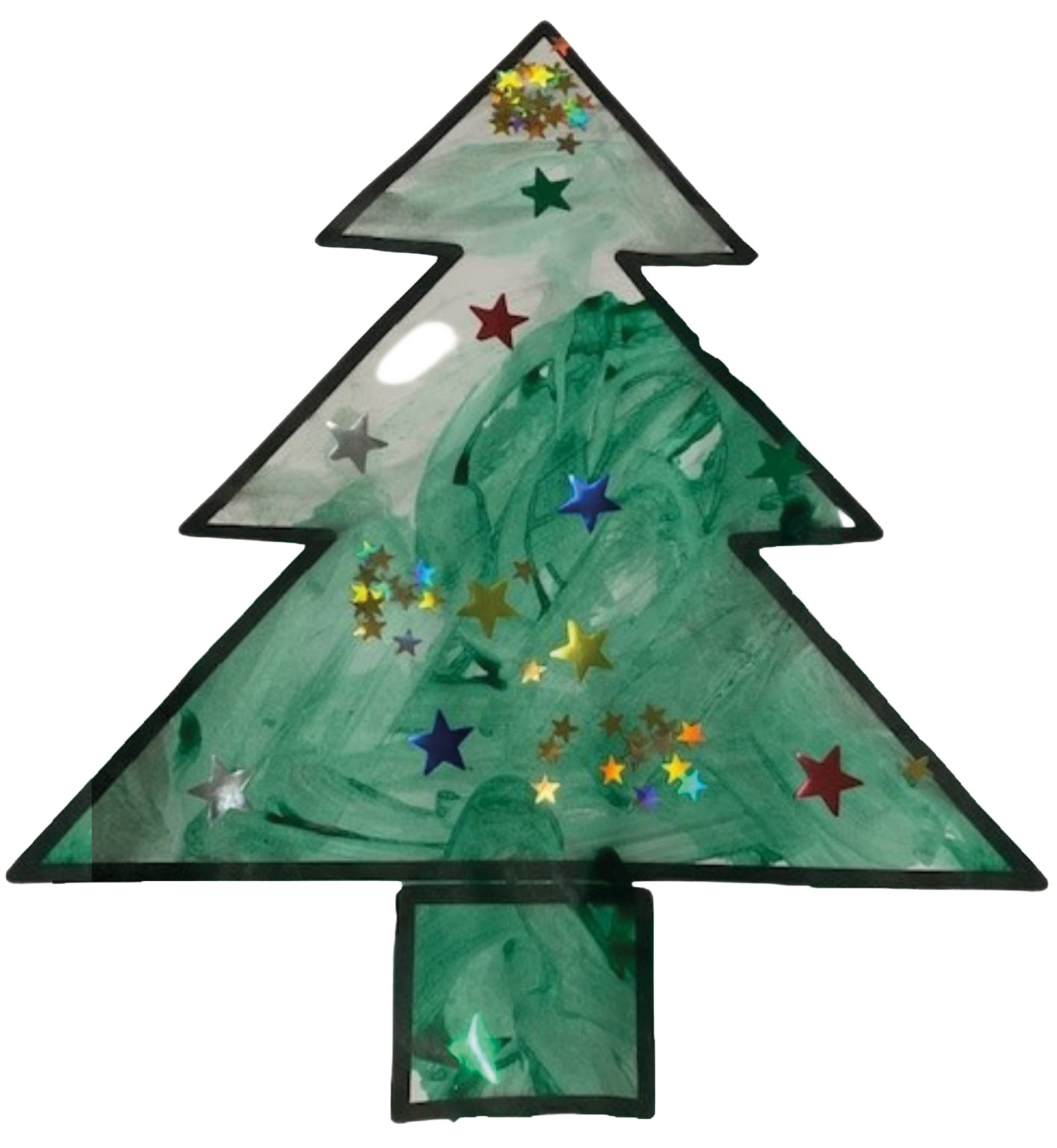 Christmas Tree that has been painted by a child and has brightly coloured baubles all over it.
