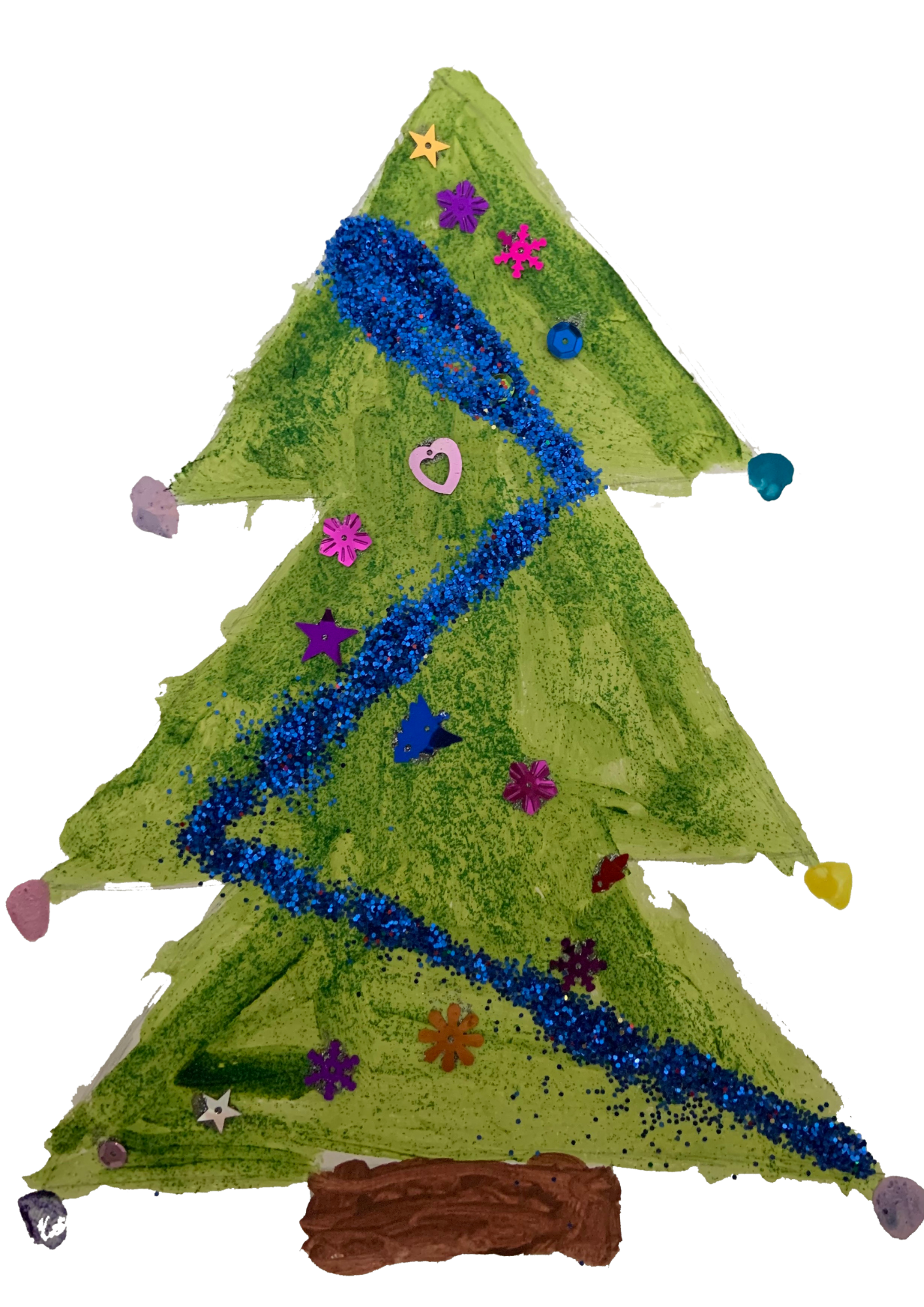 Christmas Tree that has been painted by a child and has brightly coloured baubles and blue tinsel wrapped around it.