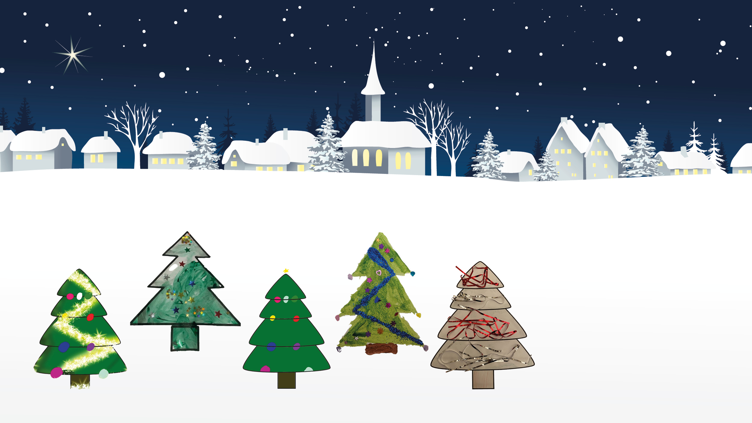 Winter scene with snow covered buildings at the top of the hill and five brightly decorated Christmas trees in the foreground.