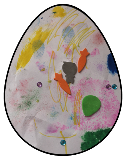 Easter egg with children's drawing with sequins