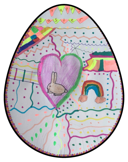 Easter egg with child's drawing of rainbow and bunny