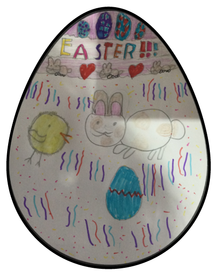 Easter egg with child's drawing of bunny and chick