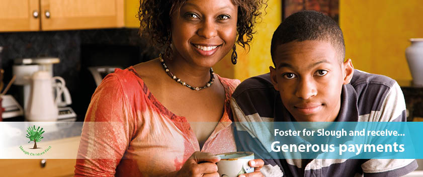 Mother with son in kitchen. Text displays foster for Slough and receive generous payments