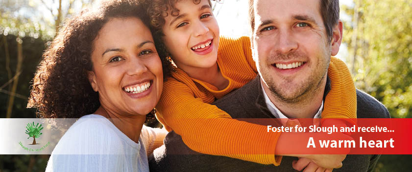 Mother and father with young daughter. Text displays foster for Slough and receive a warm heart