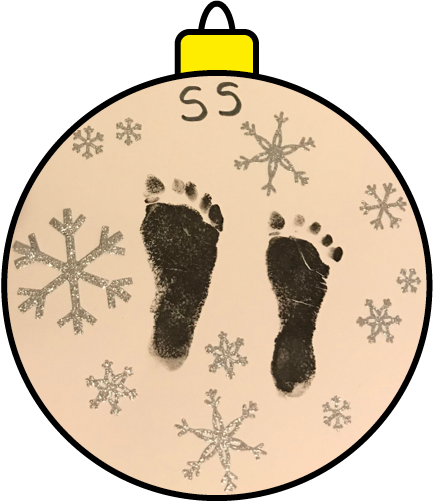 white Christmas tree bauble with snowflakes and footprints
