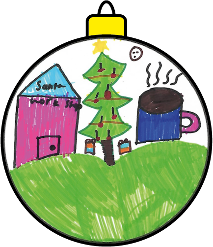 Christmas tree bauble with Christmas tree, house and hot chocolate painted on