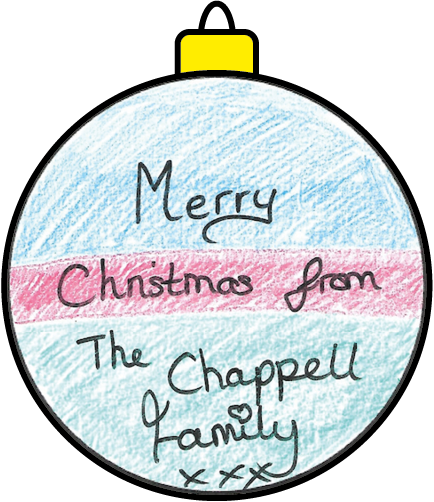 Blue Christmas tree bauble with merry christmas from the Chappell family written across