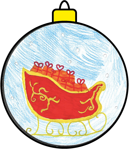 Blue Christmas tree bauble with red sleigh