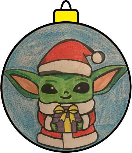Christmas tree bauble with Baby Yoda dressed as Santa