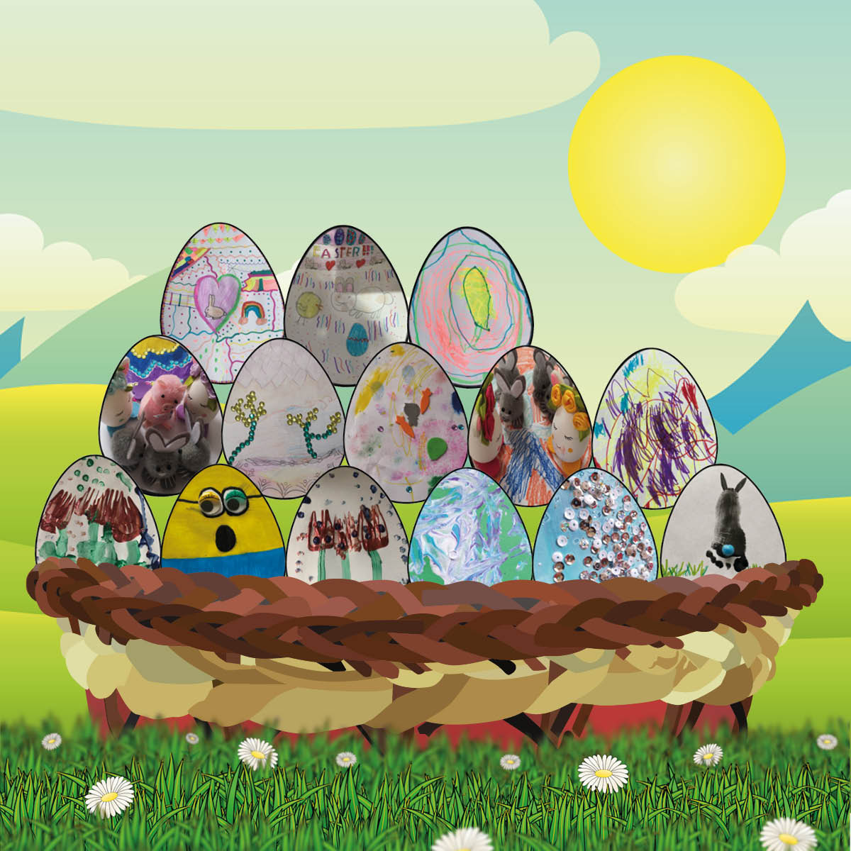 Easter basket with selection of eggs painted by children