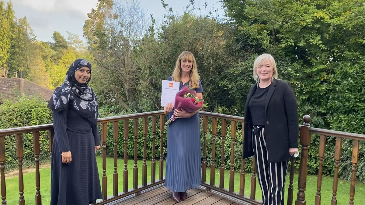 Karen Embury receiving her certificate from Saima Arif and Jo Conlon, Service Manager and Practice Manager at the Trust’s Independent Fostering Agency