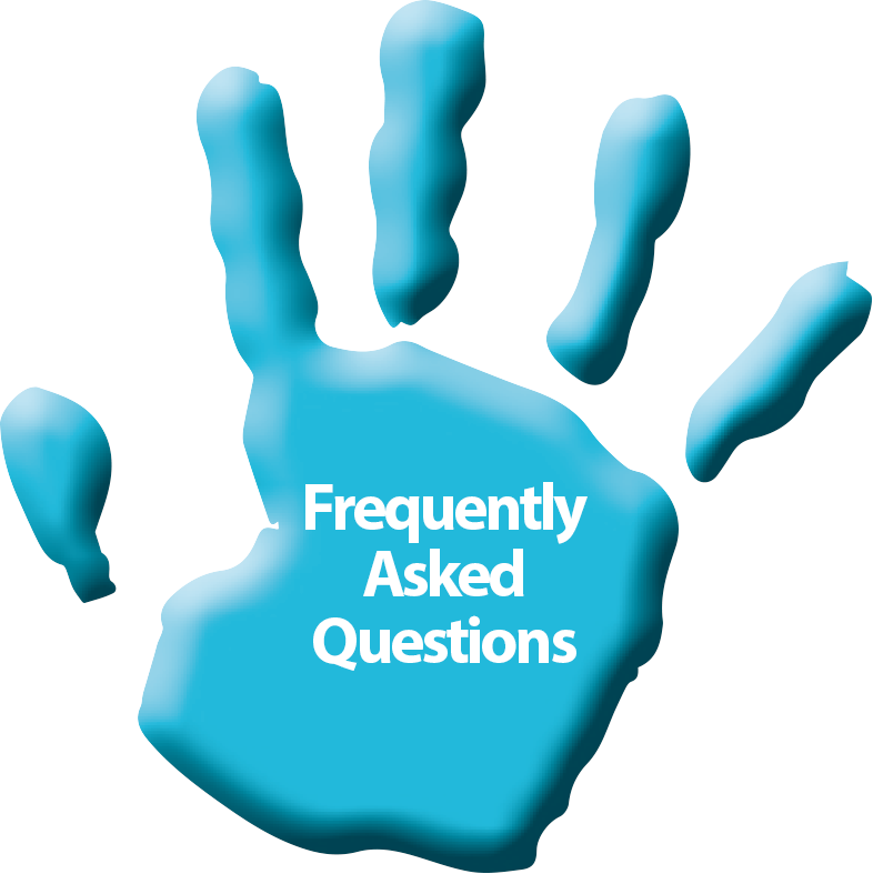 Blue hand with text displaying frequently asked questions
