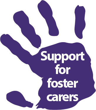 Purple hand with text displaying support for foster carers